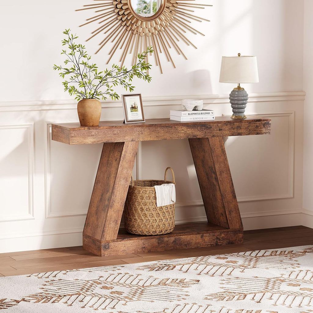 55 Inches Console Table, Sofa Table Behind Couch, 2-Tier Wooden Entry Tables for Entryway Foyer Hallway, Industrial Console Tables with Open Storage Shelf for Living Room
