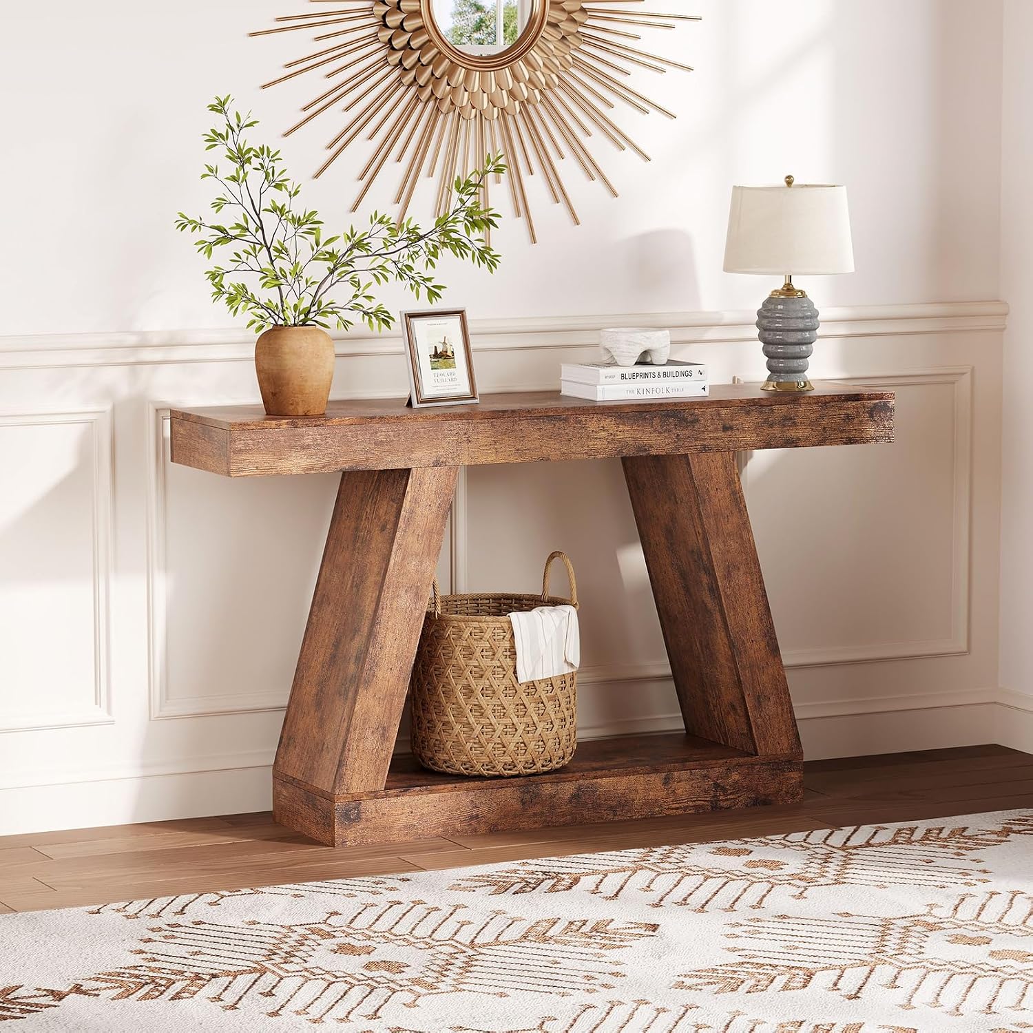 55 Inches Console Table, Sofa Table Behind Couch, 2-Tier Wooden Entry Tables for Entryway Foyer Hallway, Industrial Console Tables with Open Storage Shelf for Living Room