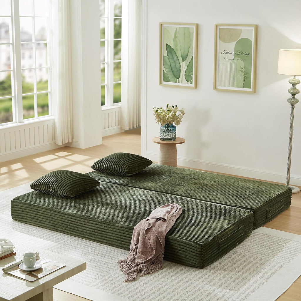 Antetek Modular Couch Bed, Convertible Folding Plush Corduroy Comfy Floor Compression Loveseat Sleeper Sofa Couch, King Size Bed for Guest Room Living Room Bedroom, No Assembly Required, Green