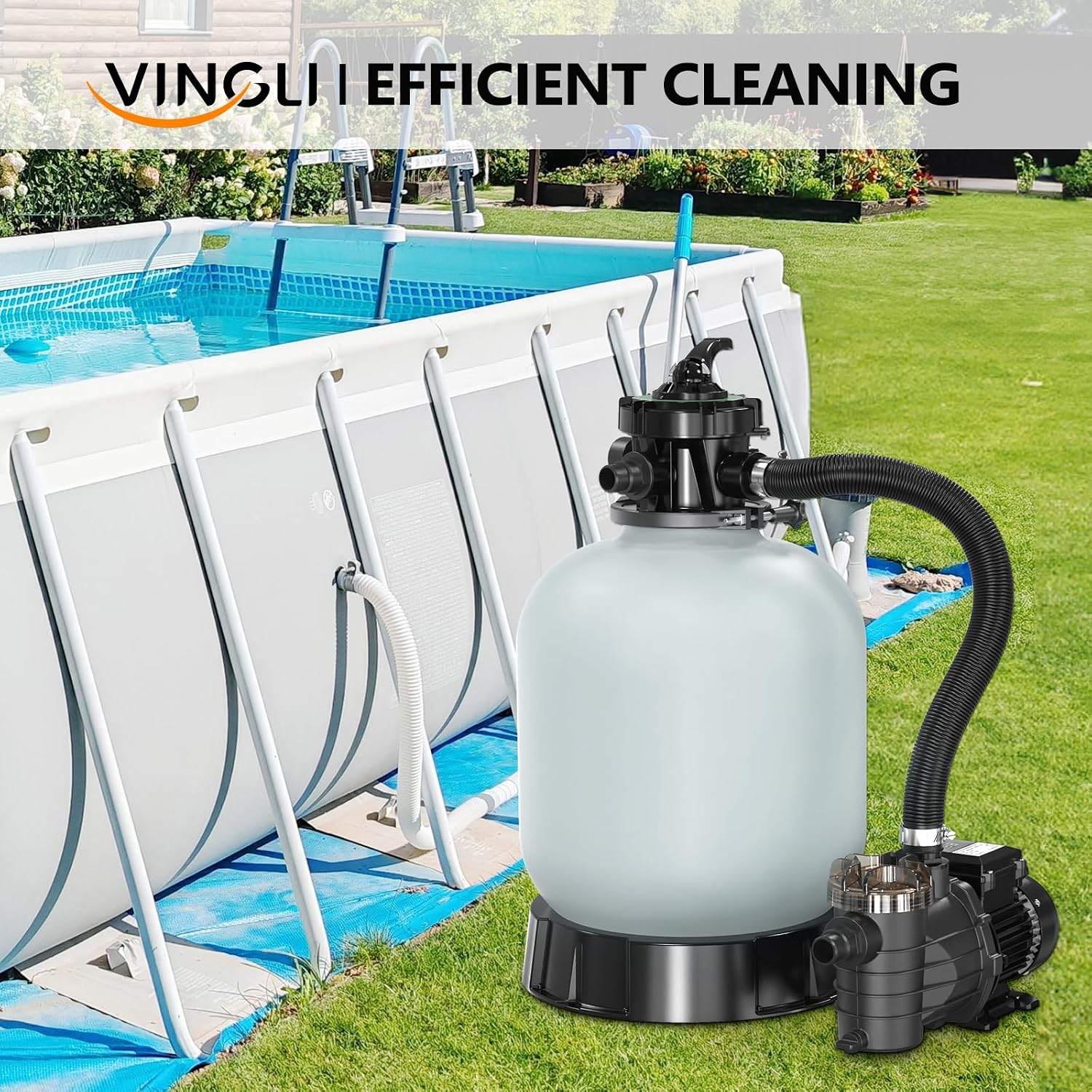 (24H Timer) VINGLI 16 in Sand Filter Pump with 24-Hour Timer, 3435 GPH 3/4 HP High Flow Pool Filter Pump with 7-Way Valve for Above Ground Swimming Pools Up to 15000 Gallons