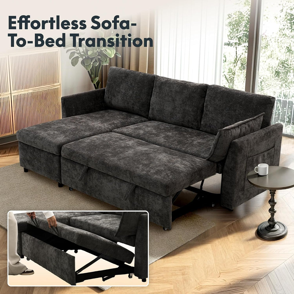 FLEXISPOT XB5 78' Pull Out Couch Bed with Storage Chaise, 2-in-1 Convertible Sofa Bed with USB Charging Ports, 3-Seater Sectional Sofa Couch for Living Room Apartment, Easy to Assemble(Dark Gray)