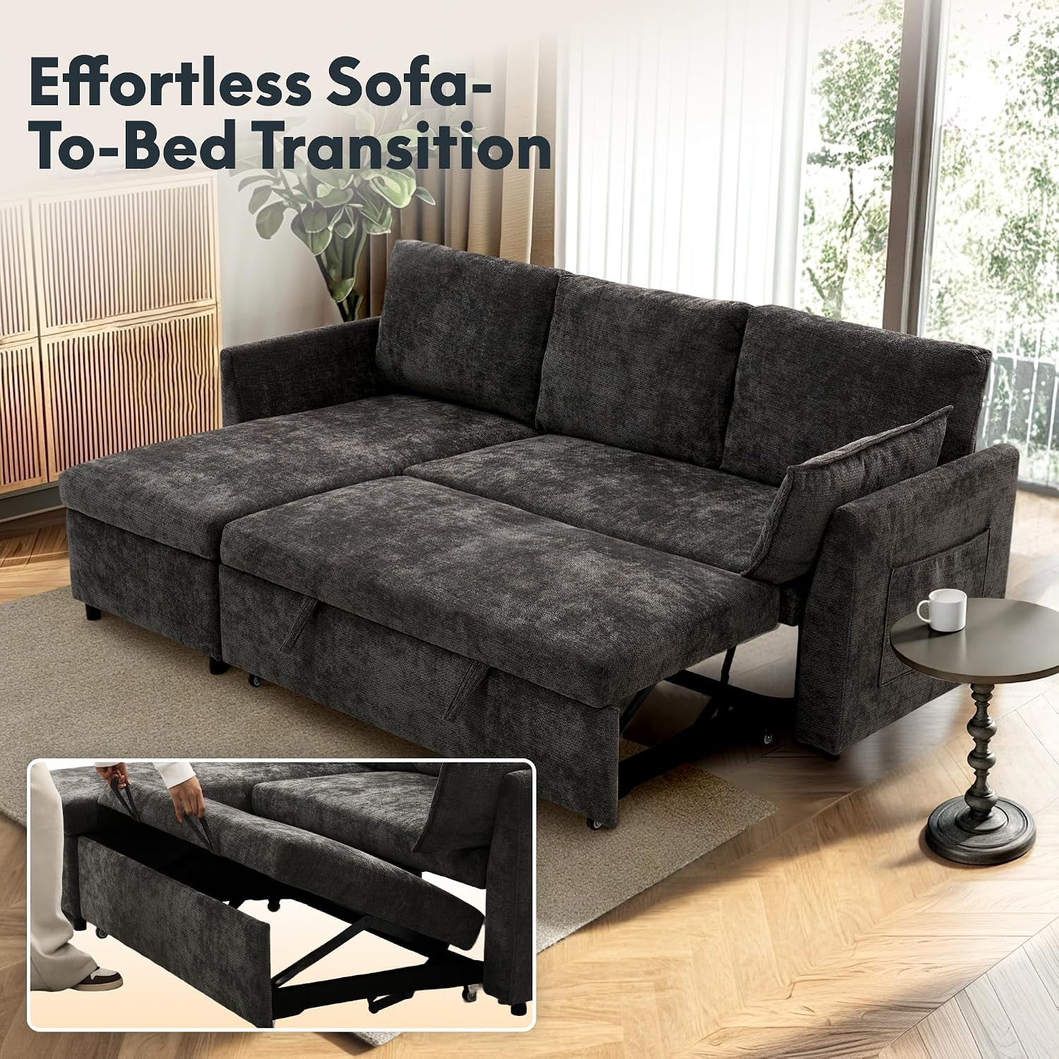 FLEXISPOT XB5 78' Pull Out Couch Bed with Storage Chaise, 2-in-1 Convertible Sofa Bed with USB Charging Ports, 3-Seater Sectional Sofa Couch for Living Room Apartment, Easy to Assemble(Dark Gray)