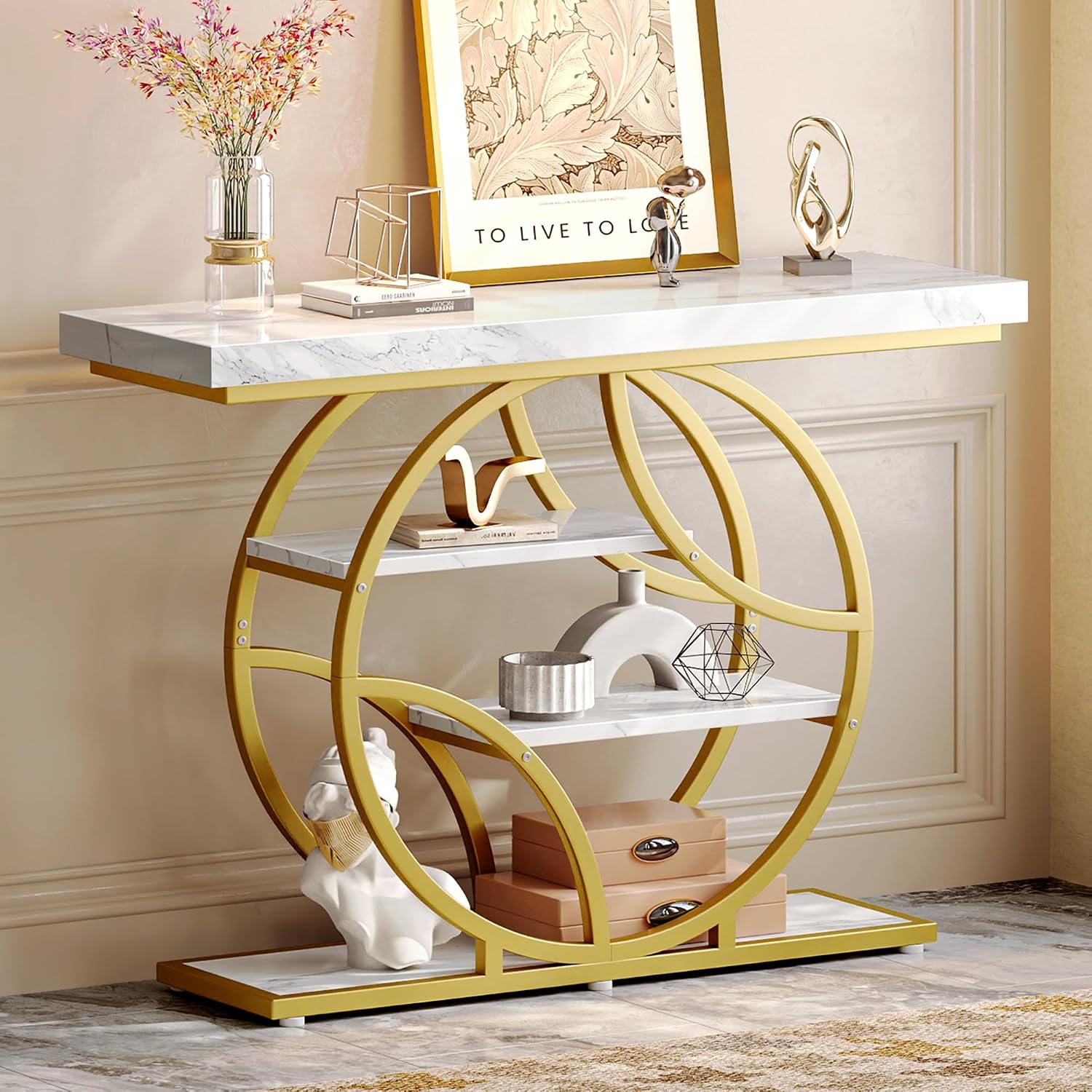 Huuger 41.3 Inch Entryway Table with Marble Top, Modern Console Sofa Table, Accent Table with Shelves, for Entry, Hallway, Entrance, Foyer, O-Shaped Metal Frame, White Marble & Gold