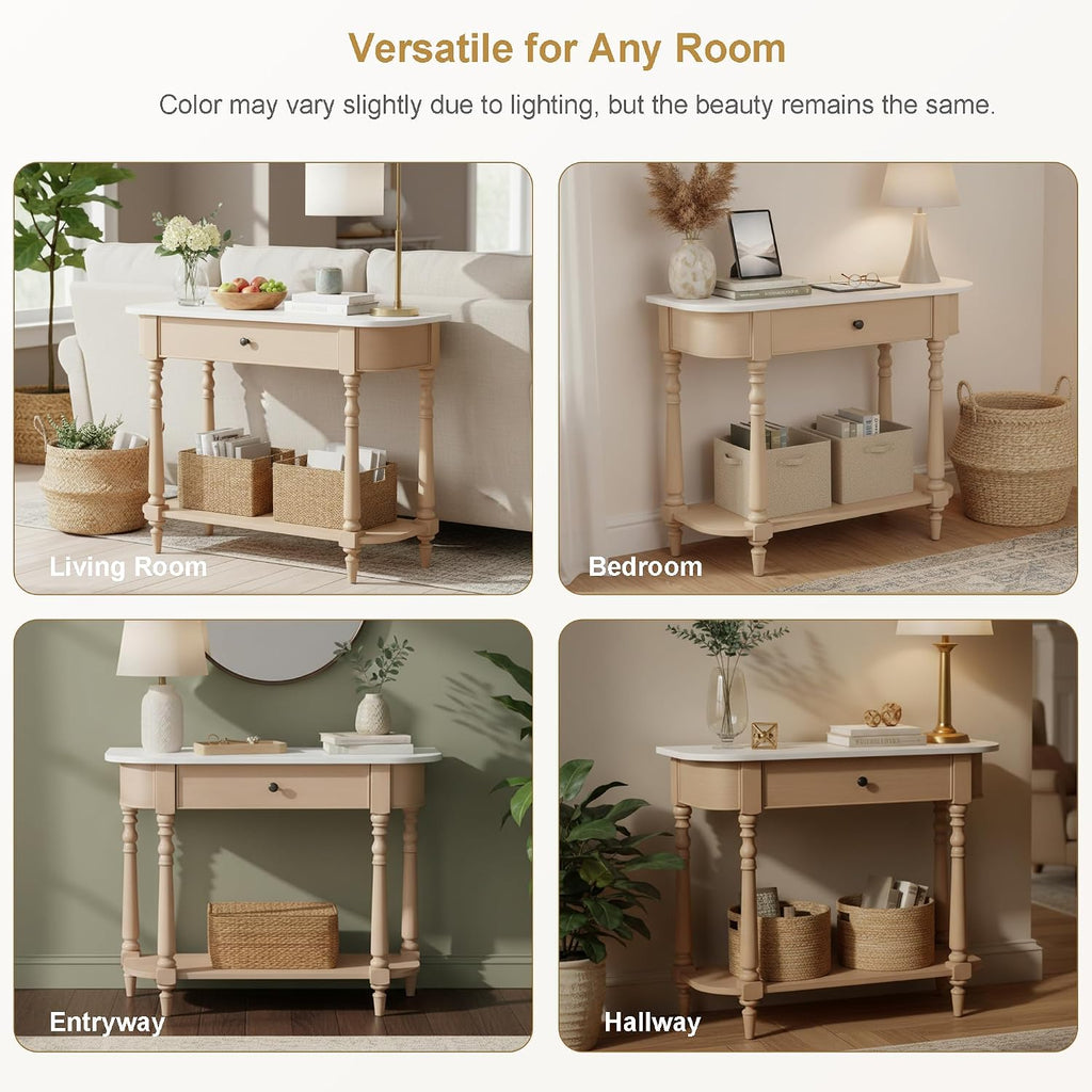 Small Curved Console Table 36-Inch Retro Farmhouse Entryway Sofa Table with Drawer & Storage Shelf for Entry Hallway Foyer Living Room Furniture, Solid Wood Legs, Space-Saving, Beige