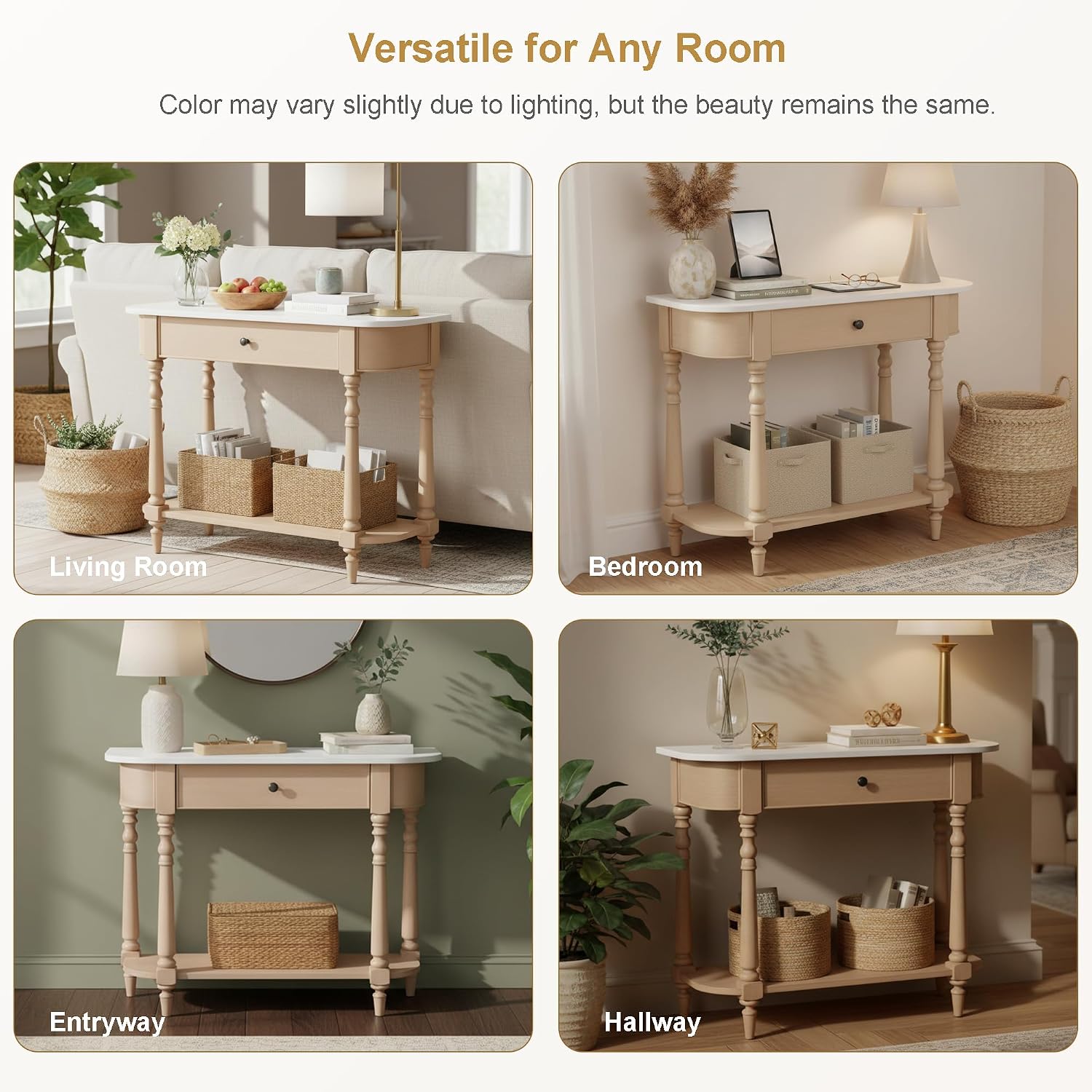 Small Curved Console Table 36-Inch Retro Farmhouse Entryway Sofa Table with Drawer & Storage Shelf for Entry Hallway Foyer Living Room Furniture, Solid Wood Legs, Space-Saving, Beige