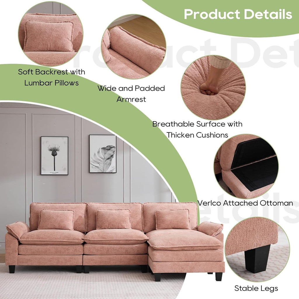 Oprisen 120' Modular Sectional Sofa, Comfy Cloud Couch Sectional Sofa with Ottoman, Chenille Sofa Sleeper Deep Seat Sofa with Throw Pillows for Living Room (Pink, 120'- L Shape)