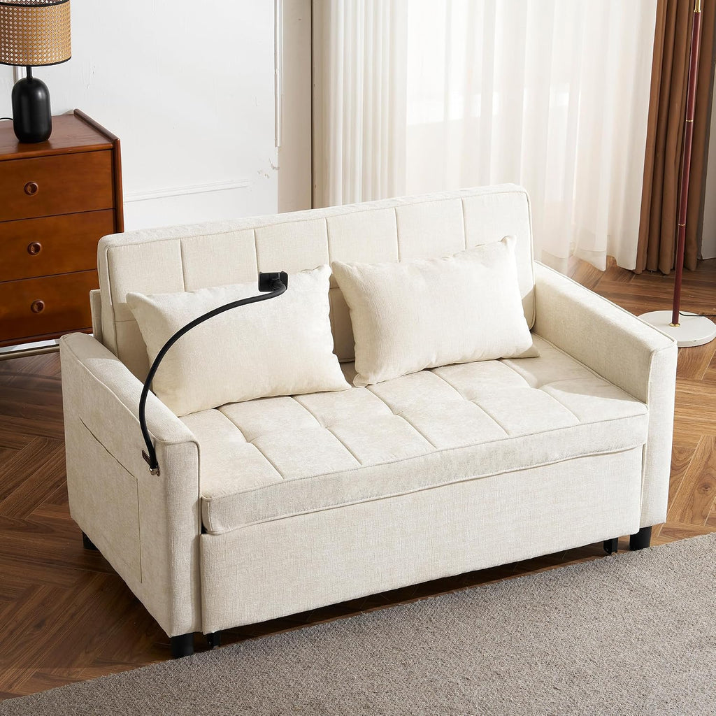 3 in 1 Convertible Sleeper Sofa Bed, 56.9' Small Pull Out Couch Bed with Adjustable Backrest, Chenille Loveseat Couches with Side Pocket, USB Ports&Phone Holder for Small Places (Beige)