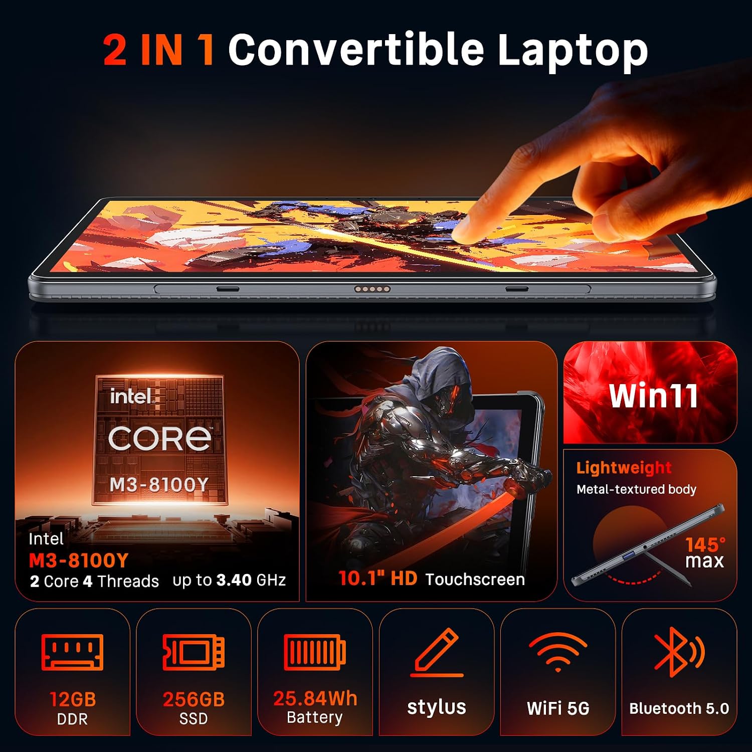 2-in-1 Tablet Win 11-10.1' Touchscreen PC, m3 8100Y up to 3.4GHz, 12GB RAM 256GB SSD, with Stylus & Case for Home, Business, Students, Digital Sketching