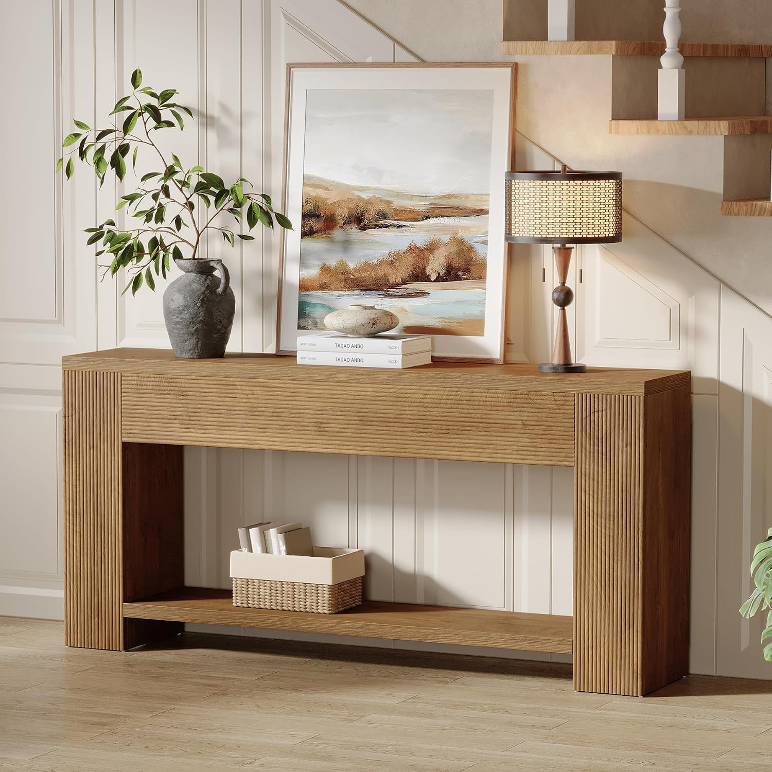 Tribesigns 70.9-Inch Console Tables for Entryway, Narrow Wooden Long Sofa Table Behind the Couch, Farmhouse Fluted Hallway Accent Table for for Living Room, Entrance, Foyer (Light Brown)