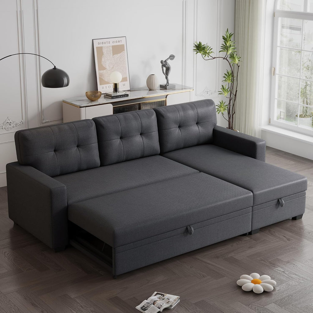 82' L-Shape Convertible Sleeper Sectional Sofa with Storage Chaise and Pull-Out Bed,Modular Corner Couch Lounge,w/Removable 3 Back Cushions and Armrest,for Home Furniture,Dark Gray