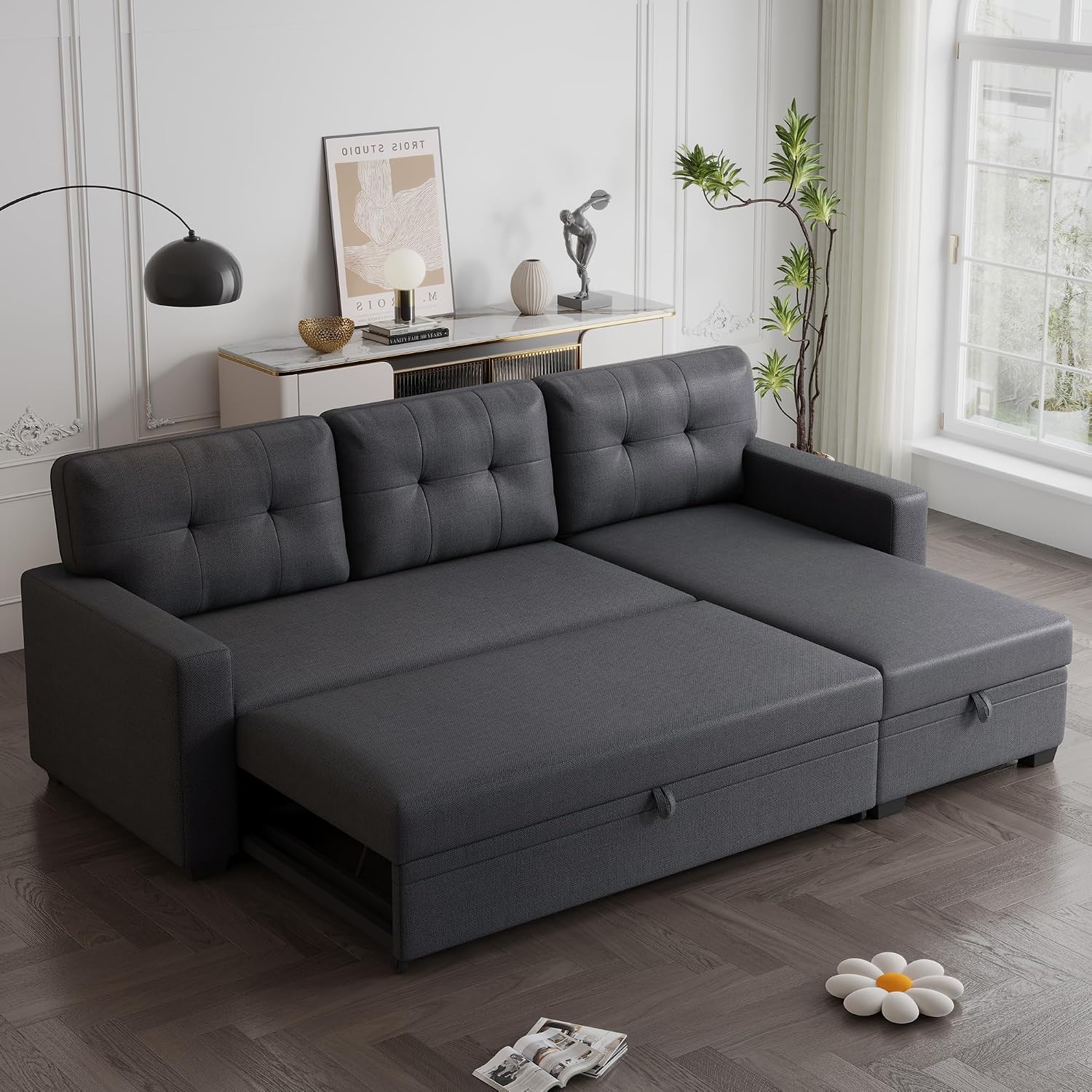 82' L-Shape Convertible Sleeper Sectional Sofa with Storage Chaise and Pull-Out Bed,Modular Corner Couch Lounge,w/Removable 3 Back Cushions and Armrest,for Home Furniture,Dark Gray