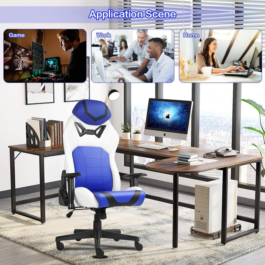 Modern-Depo Ergonomic Gaming Chairs for Adults with High-Density Memory Foam | Swivel Comfortable Office Chair, Big and Tall Video Game Chair, High Back Computer Chair for Home, Office, Blue White