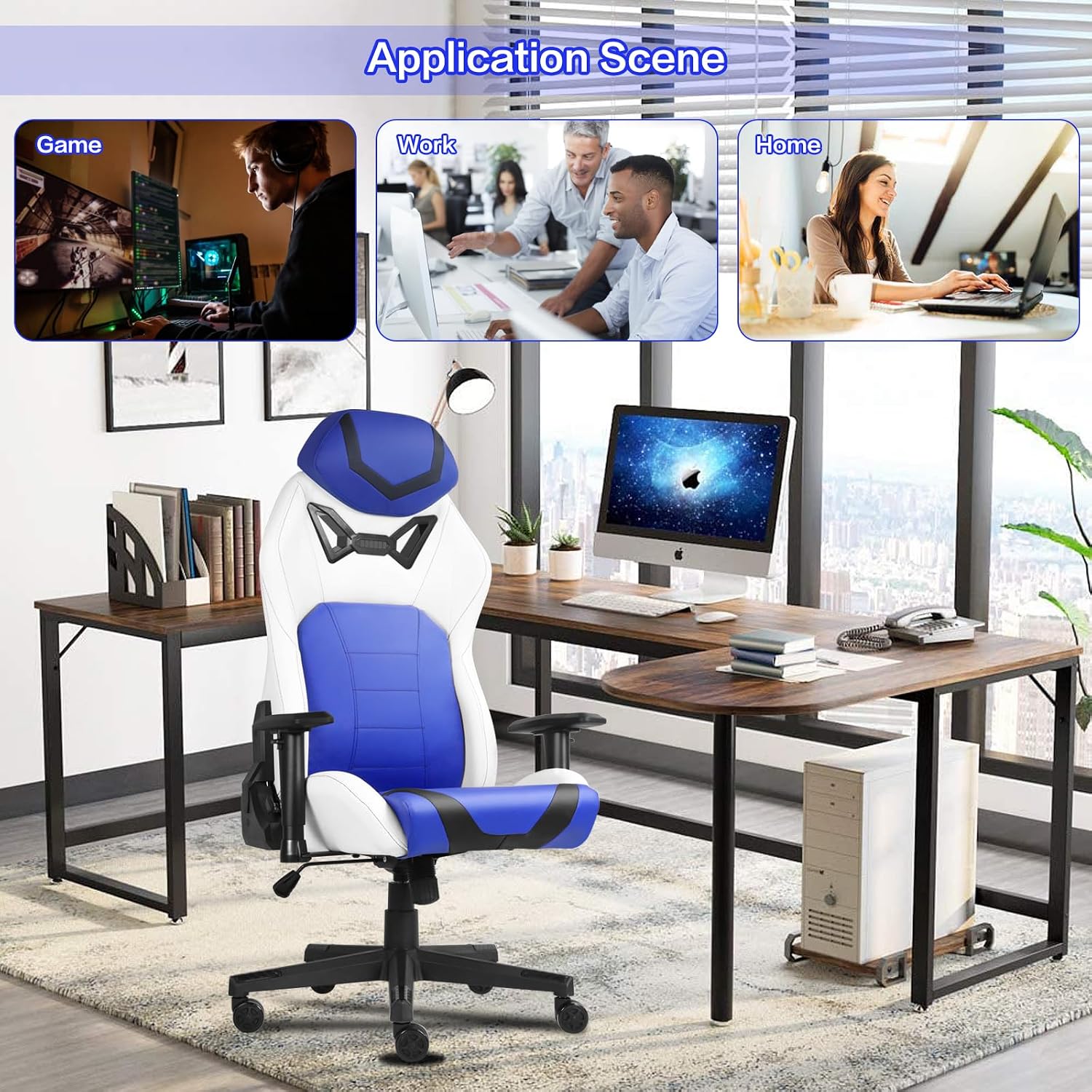 Modern-Depo Ergonomic Gaming Chairs for Adults with High-Density Memory Foam | Swivel Comfortable Office Chair, Big and Tall Video Game Chair, High Back Computer Chair for Home, Office, Blue White