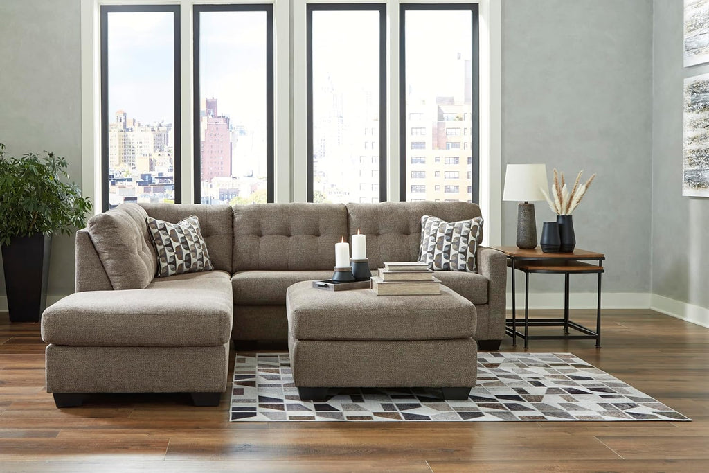 Signature Design by Ashley Mahoney Casual L-Shaped Tufted 2-Piece Sleeper Sectional with Chaise, Bi-Fold Memory Foam Mattress, Loose Seat Cushions and 2 Accent Pillows, Full, Dark Brown