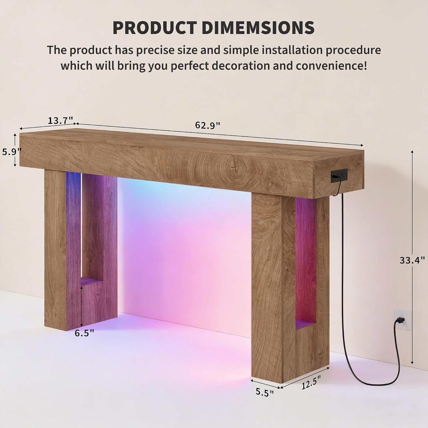 63-Inch Long Console Table with Colorful LED Lights, Wooden Rectangular Sofa Table with Charging Station & 6-Color Multi-Functional Light, Accent Tables for Hallway, Entrance, Foyer