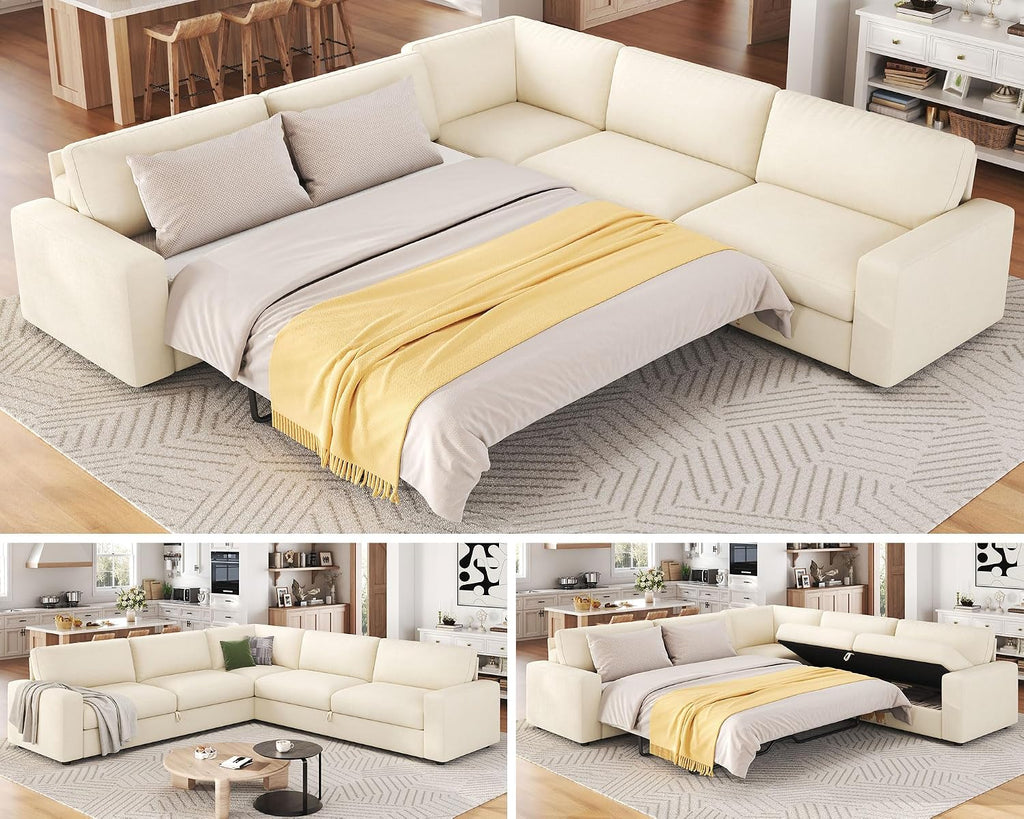 AMERLIFE 106' Oversized Sofa Bed, Sectional Sleeper Sofa with Pull Out Bed, 3 in 1 Convertible Sofa Bed, L Shaped Couch with Storage, High Resilience Mattress, Chenille Beige