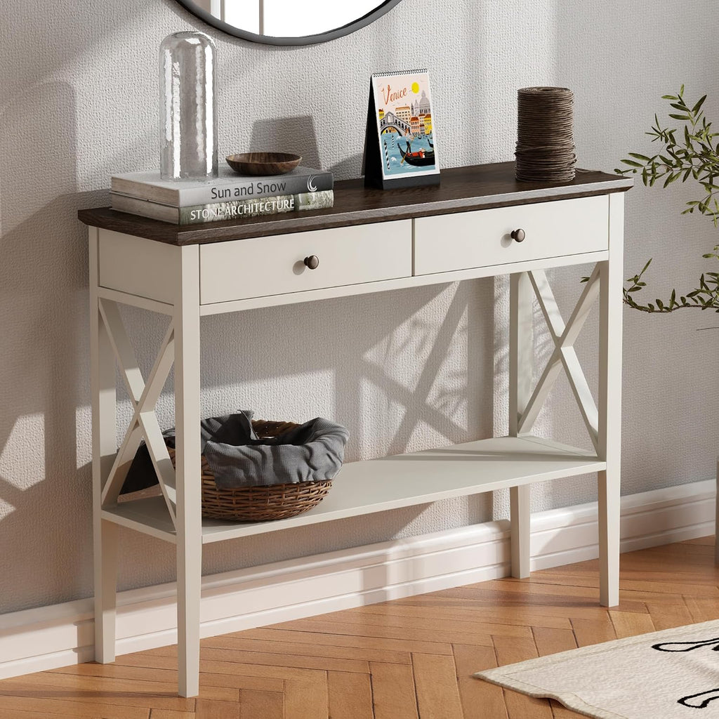 ChooChoo Farmhouse Console Table with Drawers, Narrow Wood Accent Sofa Table Entryway Table with Storage Shelf for Entryway, Front Hall, Hallway, Living Room, Antique White & Brown