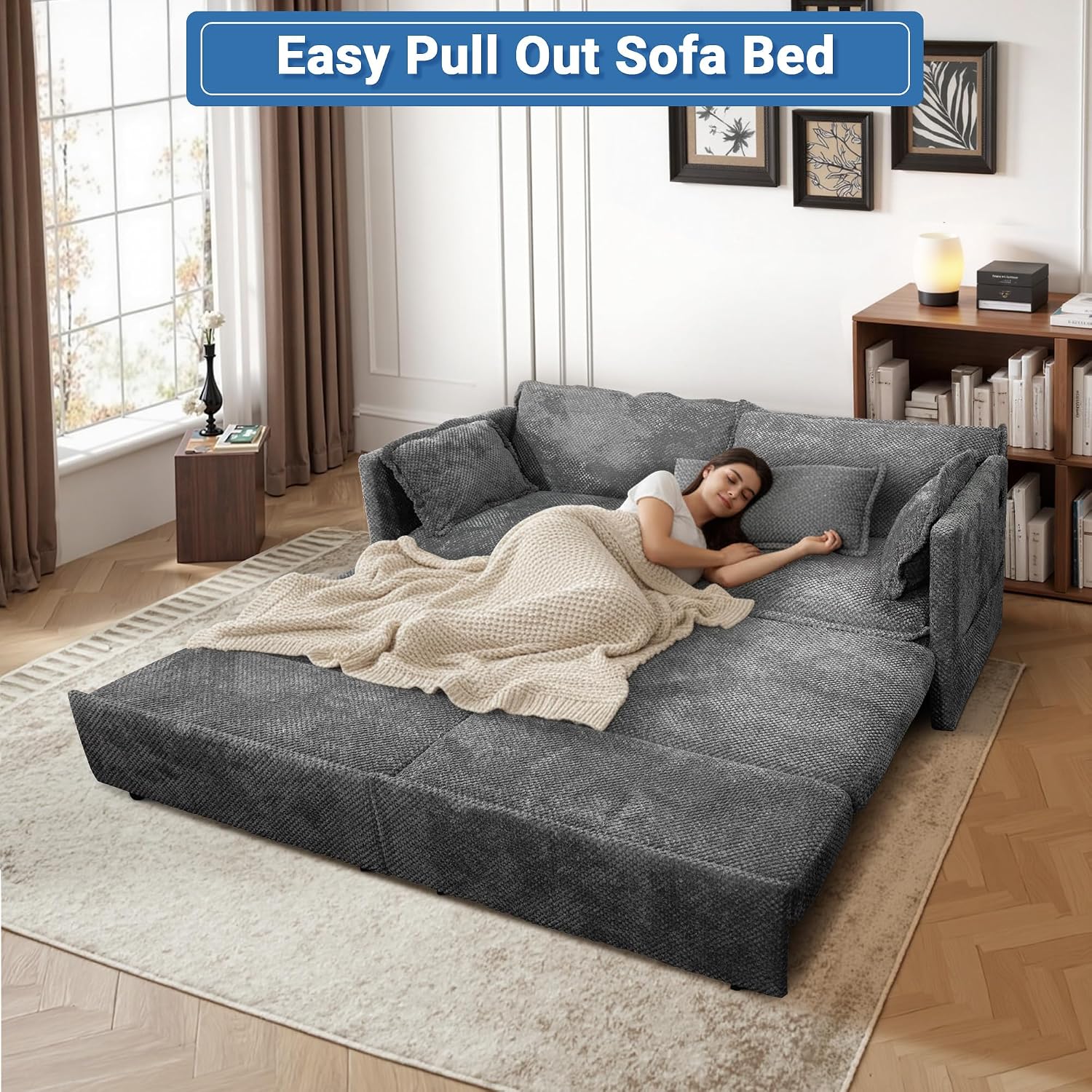 73' Sleeper Sofa Bed, 3-in-1 Pull Out Couch with USB/Type-C Charging & Side Pockets, Convertible Corduroy Loveseat Chaise Lounge, Space-Saving Sofa for Living Room, Grey