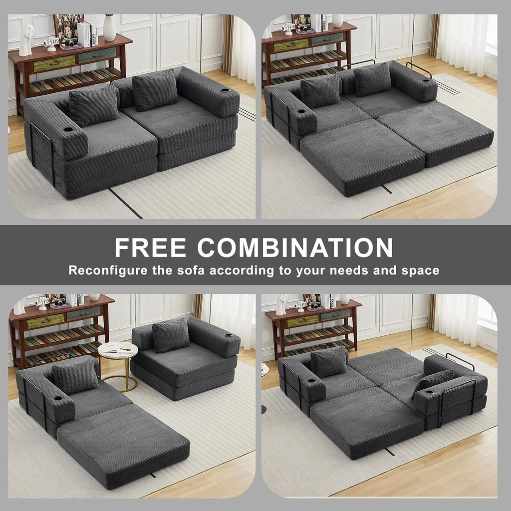 78' Loveseat Sleeper Sofa, 4 in 1 Convertible Floor Sofa Bed, Boneless Cloud Couch with Cup Holder, Fold Out Floor Couch for Living Room Bedroom Lounge, Corduroy, Dark Grey