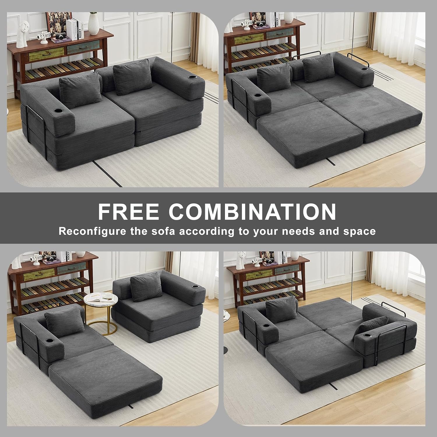 78' Loveseat Sleeper Sofa, 4 in 1 Convertible Floor Sofa Bed, Boneless Cloud Couch with Cup Holder, Fold Out Floor Couch for Living Room Bedroom Lounge, Corduroy, Dark Grey