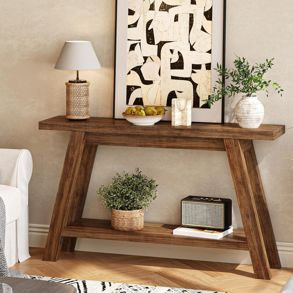 Console Table, 55-Inch Entryway Table with Storage 2-Tier Narrow Wood Console Table Behind Couch Sofa Tables for Living Room, Entryway, Hallway (Light Brown)