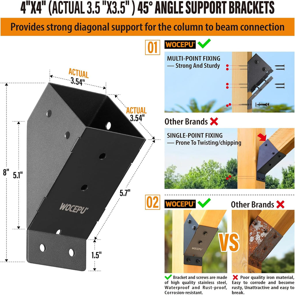 8pack 45 Degree Angle Support Bracket, for 4x4 (Actual 3.5''x3.5'') Pergolas, Gazebo, Deck Porch, Cabin Elevated Wood Support Bracket Support kit (Frosted-Black)