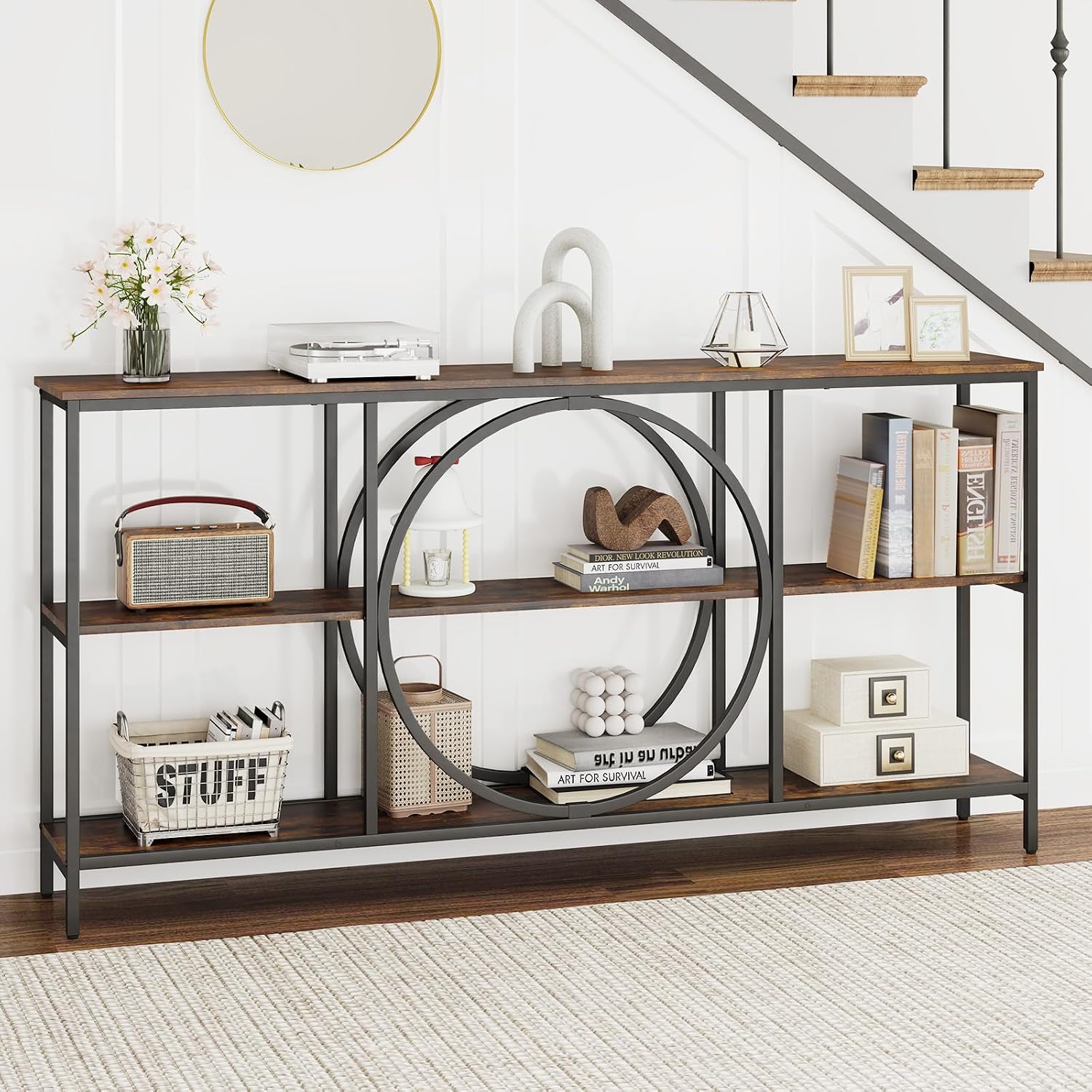 Giantex Narrow Long Console Table, 3-Tier Entryway Table with Faux Wood Grain Top&Heavy-Duty Metal Frame, Mid-Century Accent Sofa Tables with Open Storage Shelves for Living Room, Hallway(Brown+Black)