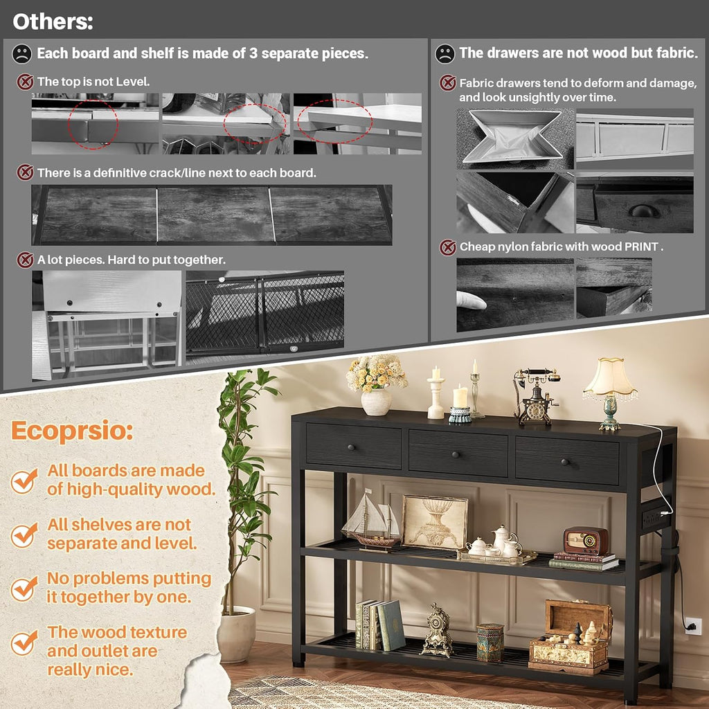 Ecopriso 47'' Entryway Table with Outlets and USB Ports, Console Table with 3 Drawers, Sofa Table Narrow Long with Storage Shelves for Living Room, Couch, Hallway, Foyer, Kitchen Counter, Black