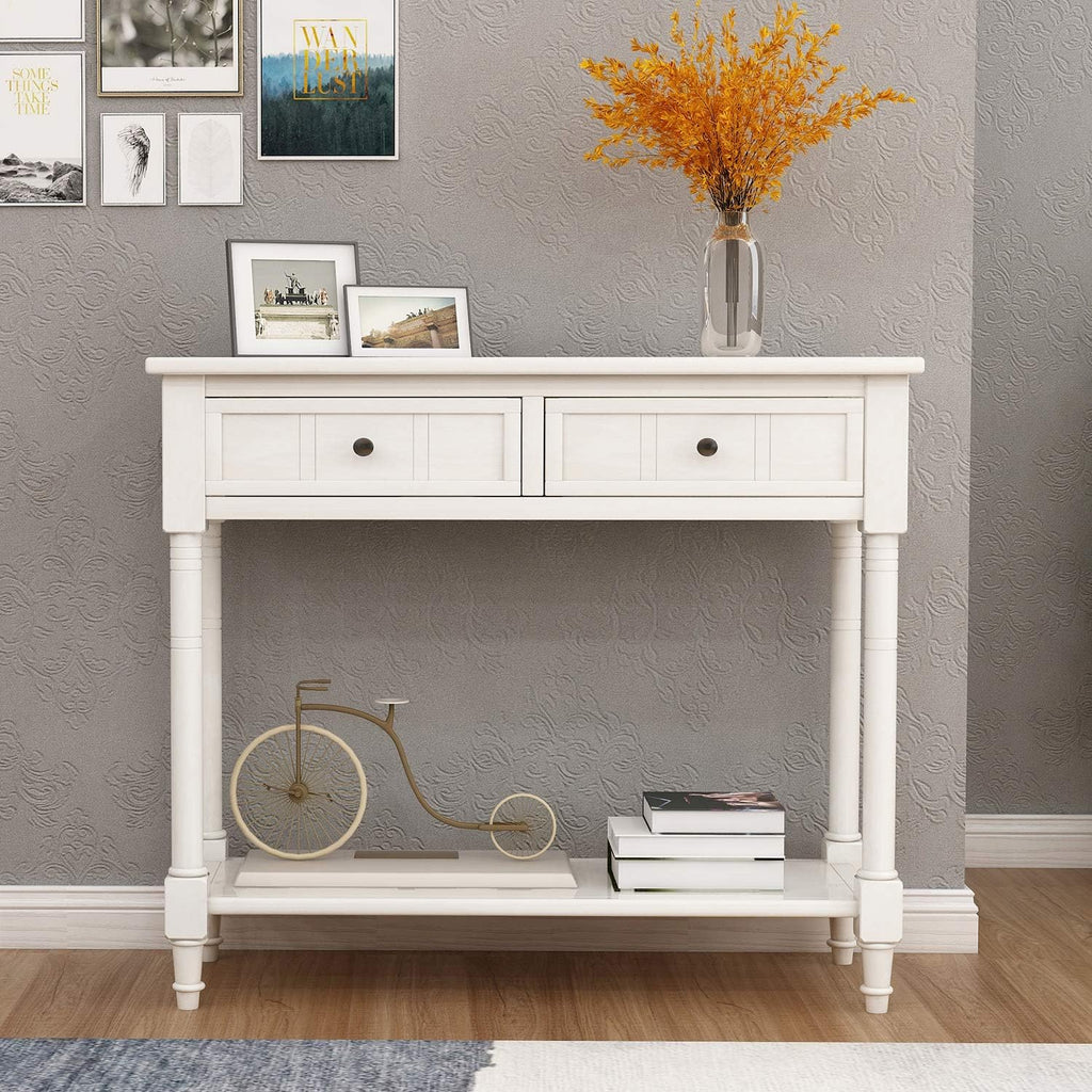 Knocbel 35.5 Inch Antique Entry Console Table with Drawers & Bottom Open Shelf, Solid Wood Sofa Couch Table for Entryway Hallway Living Room (Ivory White)