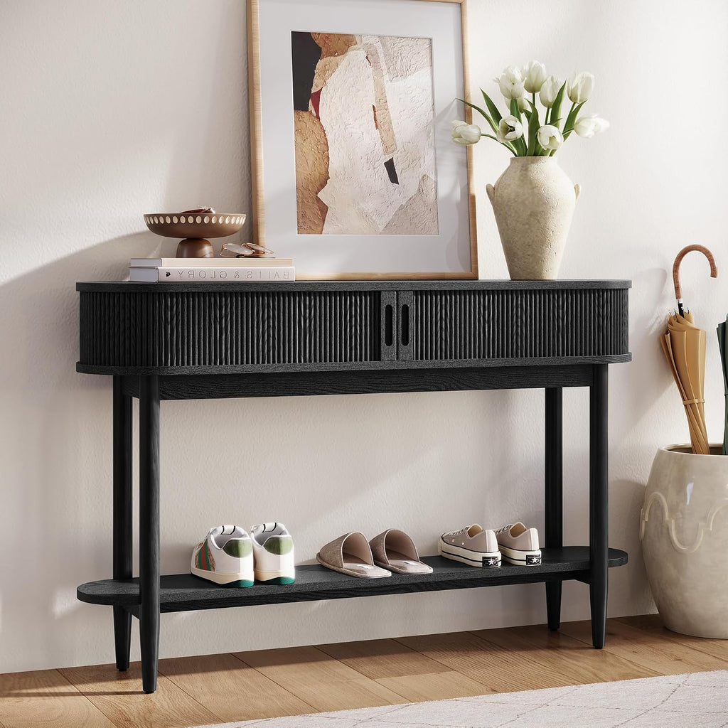 LINSY Fluted Console Table with Storage, Entryway Table Wood Entrance Tables for Front Door, Behind Couch Sofa Table with Shelves, Foyer Tables for Hallways, Living Room (Black)