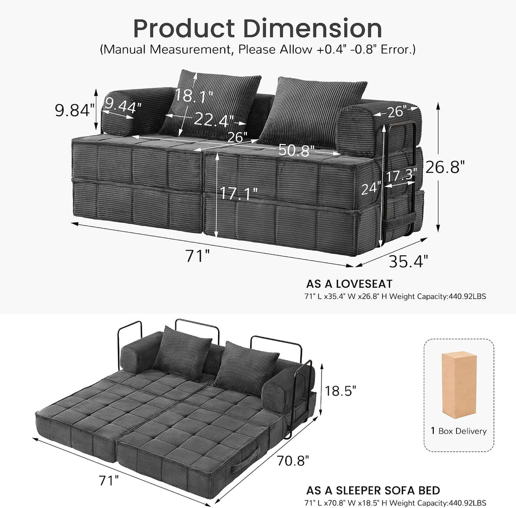Korser Folding Convertible Sofa Bed, Corduroy Upholstered Boneless Couch, Small Sectional Cloud Couch, Loveseat Sleeper Sofa, Modular Futon Floor Sofa Couch for Living Room Bedroom Lounge, No Assembly