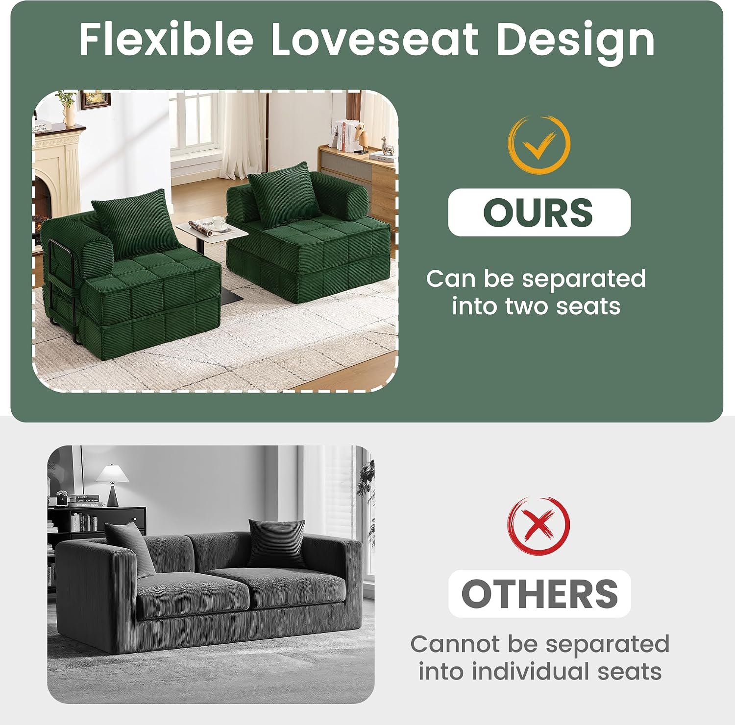 Korser Folding Convertible Sofa Bed, Corduroy Upholstered Boneless Couch, Small Sectional Cloud Couch, Loveseat Sleeper Sofa, Modular Futon Floor Sofa Couch for Living Room, No Assembly