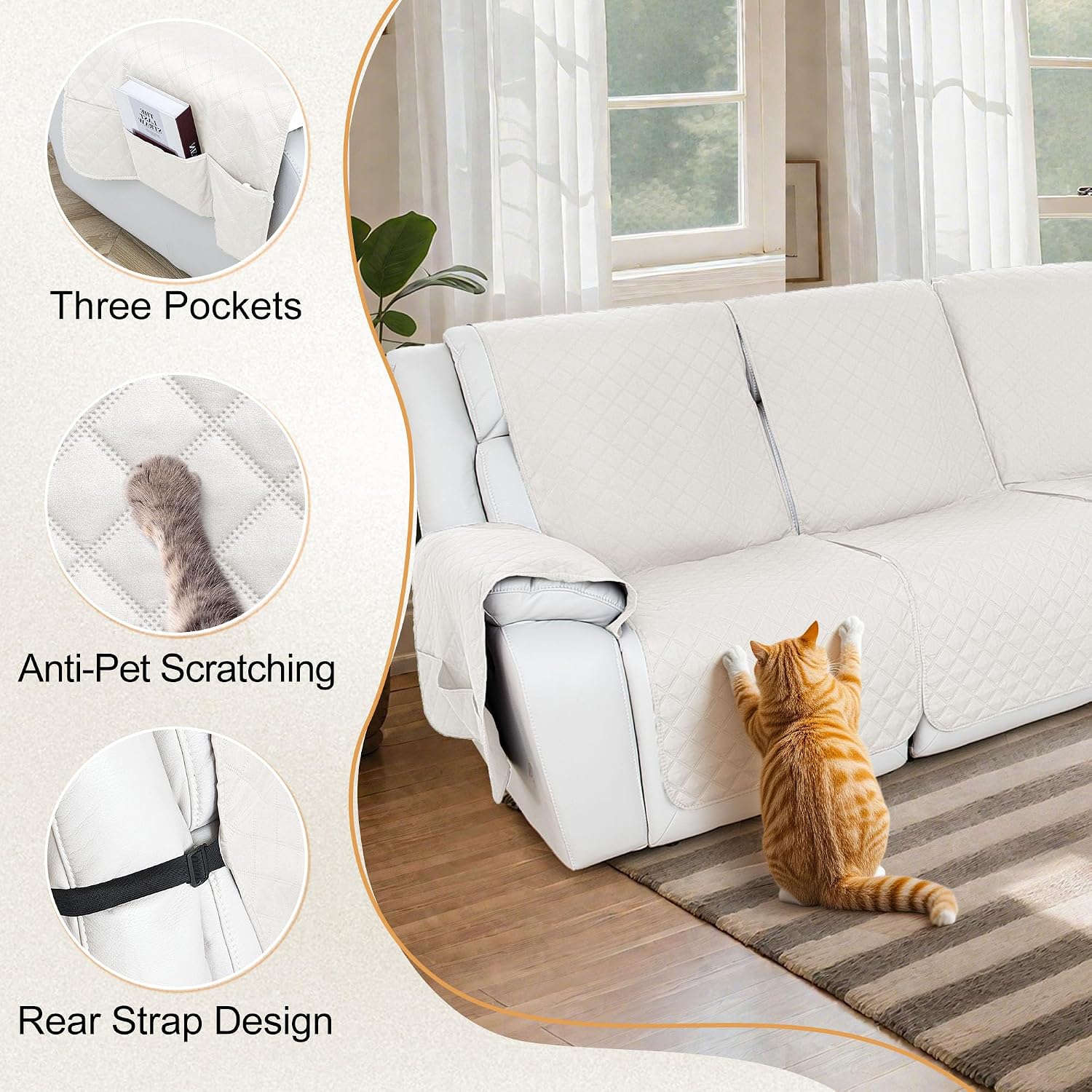 HDCAXKJ 100% Waterproof Reclining Sectional Couch Covers L Shape Recliner Sofa Cover Washable Quilted Soft Pet Dog Corner Recliner Slipcovers with Pockets (5 Seat and 1 Middle Console, Ivory White)