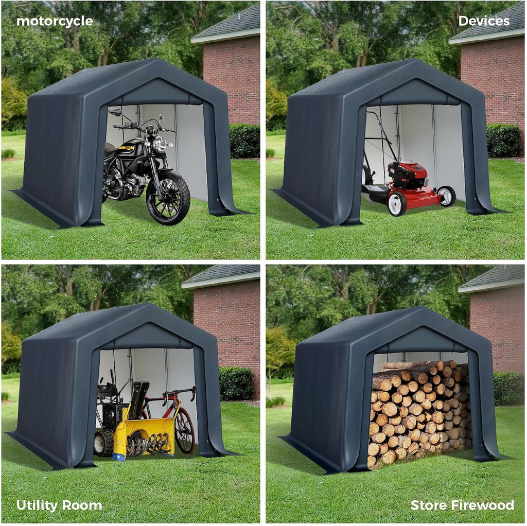 GREEN PARTY Storage Shelter Shed, 8x12 ft Portable Shed Outdoor Carport with Roll-up Zipper Door & Vents, Outdoor Storage Shed Portable Garage for Motorcycle, Bike, Waterproof & UV Protected, Gray