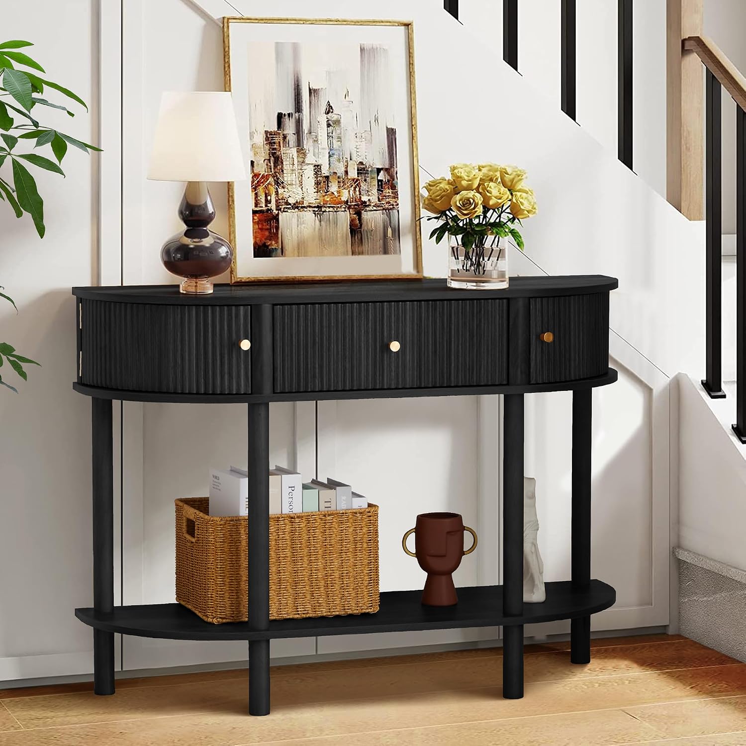 XUZENEST 43.3' Fluted Half Moon Console Table, Modern Entryway Console Sofa Table with Storage, Narrow Wood Accent Tables Behind Couch Tables for Living Room, Hallway, Foyer(Black)