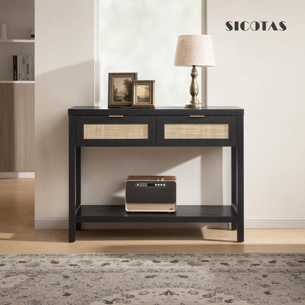 SICOTAS Black Console Table Set of 2 - Boho Entryway Table with Rattan Drawers, 2 Tier Shelf, Narrow Long Sofa Tables for Living Room, Entry Table for Hallway, Foyer