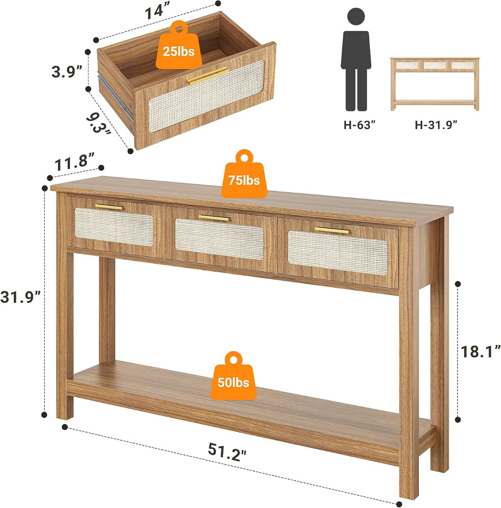 ELYKEN 51.2' Entryway Table with 3 Rattan Drawers, Boho Console Table Narrow with Storage, Long Sofa Table for Behind Couch Entry Hallway, Entrance, Living Room, Oak Brown