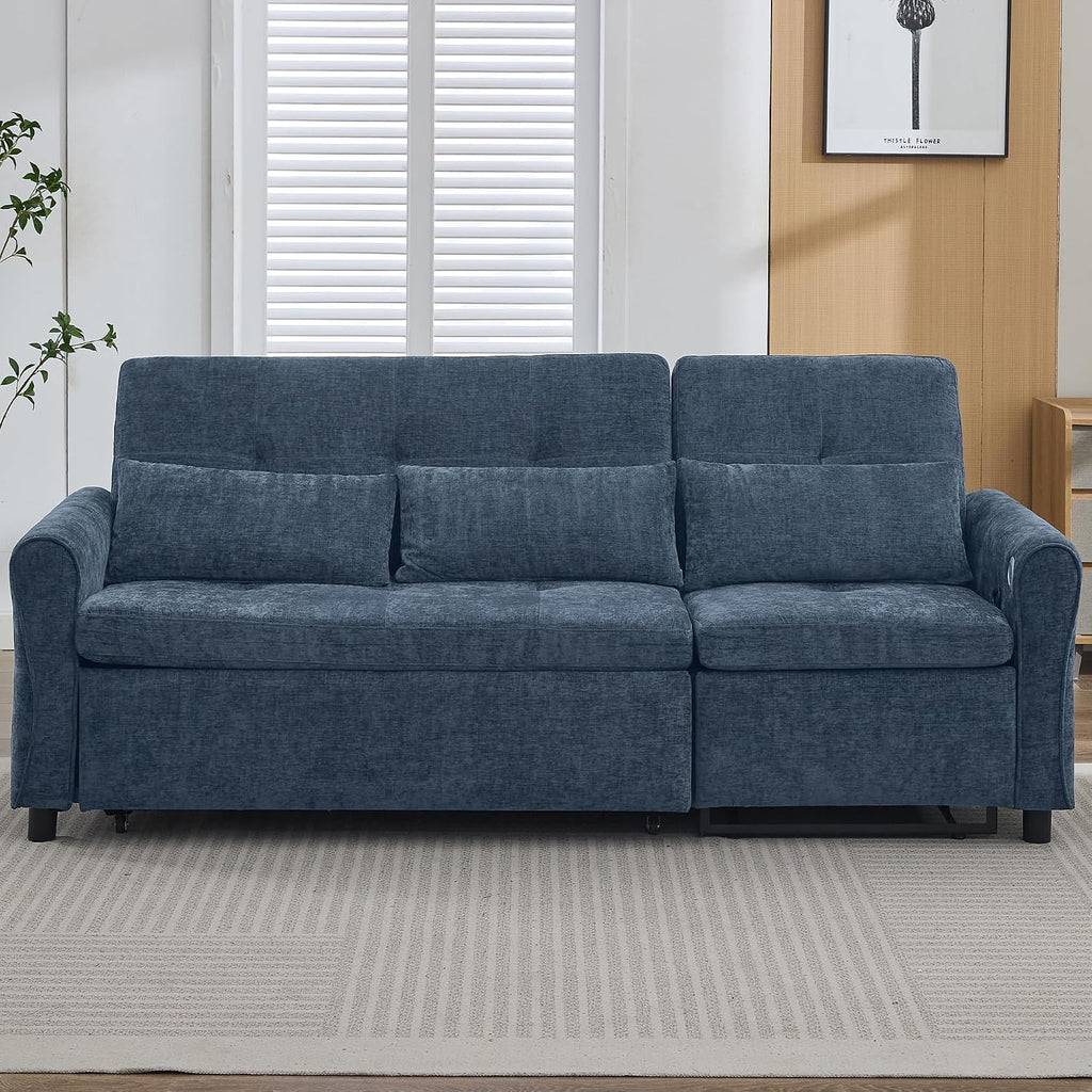 Merax 2-in-1 Convertible Sofa Bed & Recliner Sofa, 82' 3-Seater Sofa, Pull-Out Sleeper Sofa, 3 Level Adjustable Backrest, Reversible Left/Right, with USB Charging Ports, Easy to Assemble (Blue)