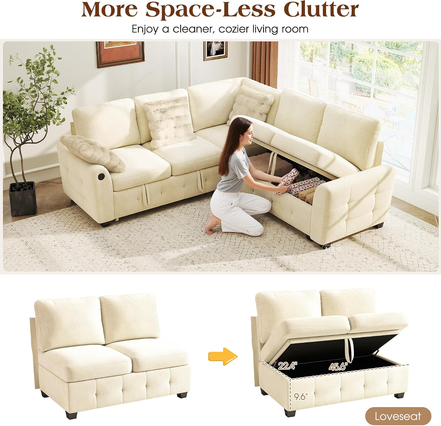Ihanherry L-Shaped Sectional Sofa Bed with Storage, 5-Seater Convertible Pull Out Sleeper Sofa with USB Charging Ports, 4 Pillows & Wide Armrests, Chenille Fabric for Living Room, Apartment（Beige）