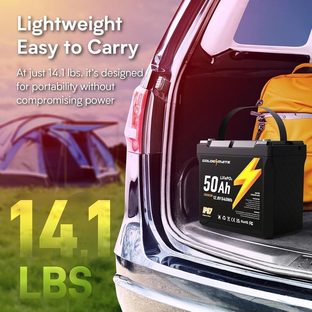 GOLDENMATE 12V 50Ah LiFePO4 Battery, IP67 Waterproof, 5000+ Deep Cycles, Built-in BMS & Grade A Lithium Iron Phosphate Battery Cell, Ideal for RV, Camping, Solar, Marine, Trolling Motor, Off-grid Sets
