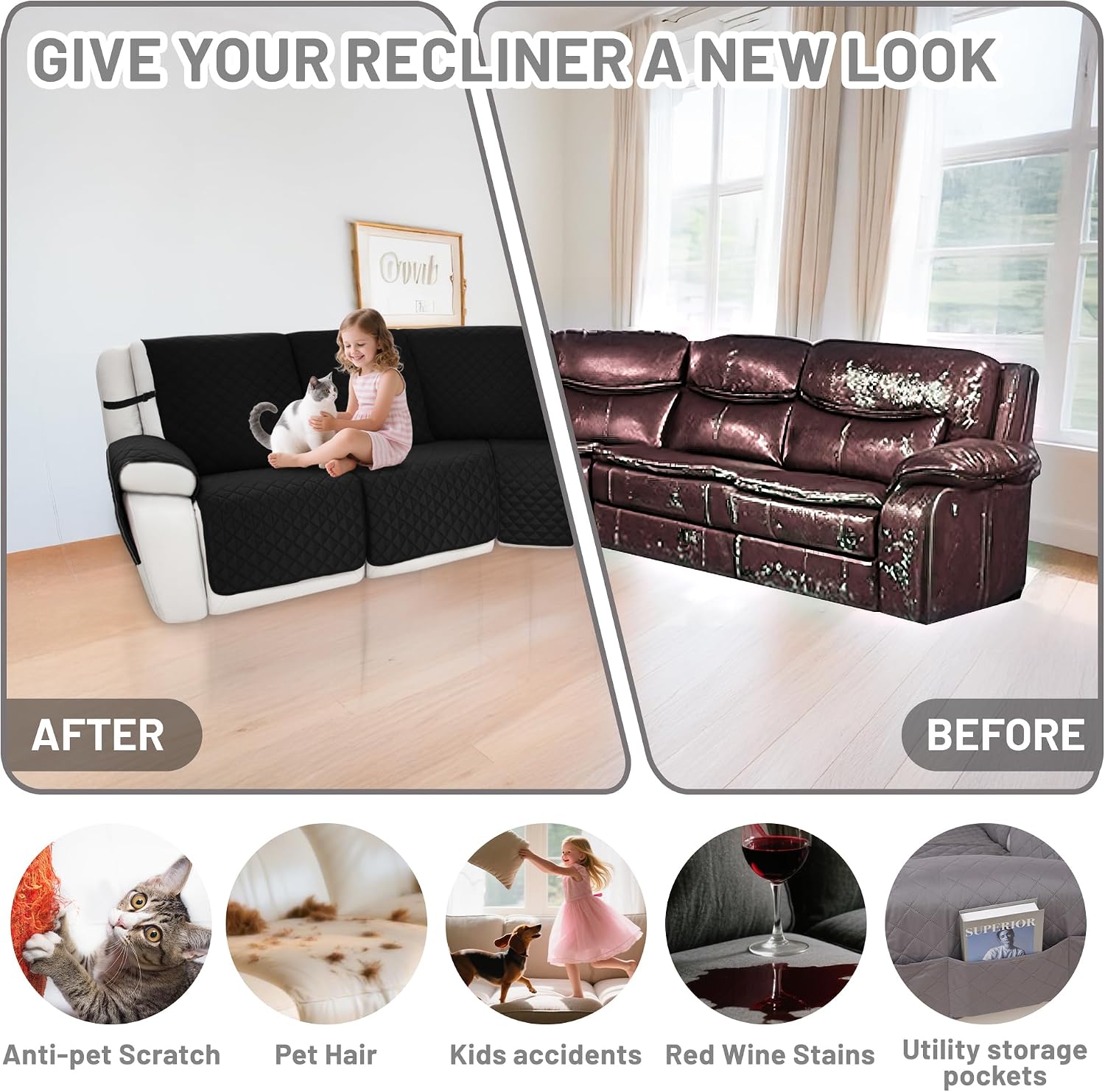 Waterproof Sectional Reclining Couch Covers L Shaped Recliner Sectional Sofa Cover 7 Piece Non Slip Washable Corner Recliner Slipcover Set for Pet Dog (5 Seater Cover, Charcoal Black)