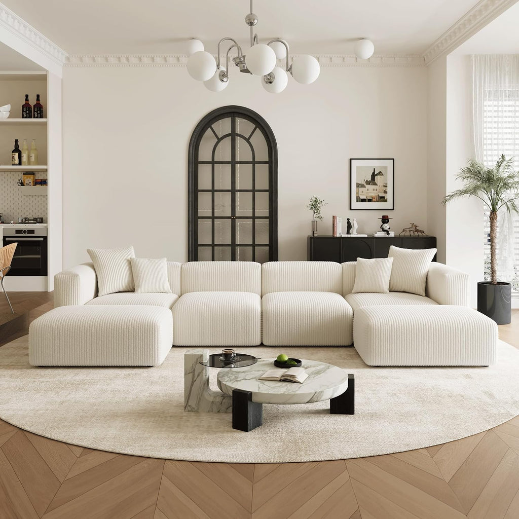 Acanva Convertible Modular Sectional Sofa with Movable Ottomans, Free Combination Corduroy Couch for Living Room Apartments, U-Shaped, White