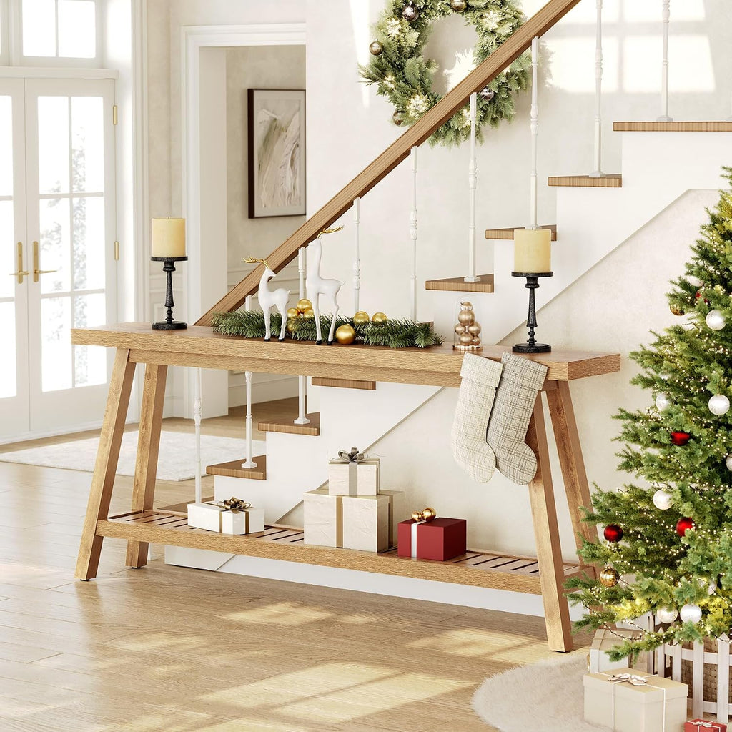 LITTLE TREE 70.9 Inches Extra Long Console Table for Entryway, 2-Tier Narrow Wood Sofa Table Behind Couch, Large Sofa Table for Living Room, Light Brown Hallway Entry Table with Storage