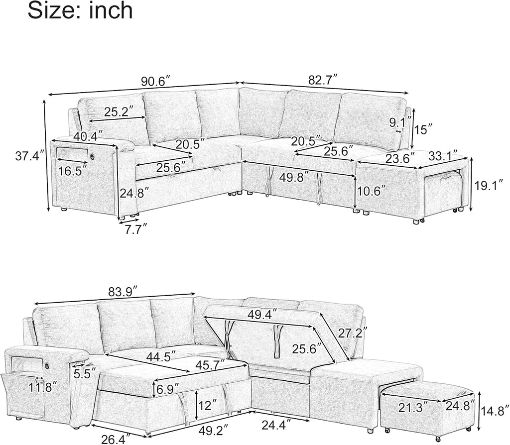 LUMISOL 90' Convertible Sleeper Sofa Bed with Ottoman, L-Shaped Sectional Sofa Bed with USB Ports, Cup Holders & Storage, Modular Sofa Pull Out Couch Bed with Storage Chaise for Living Room, Gray