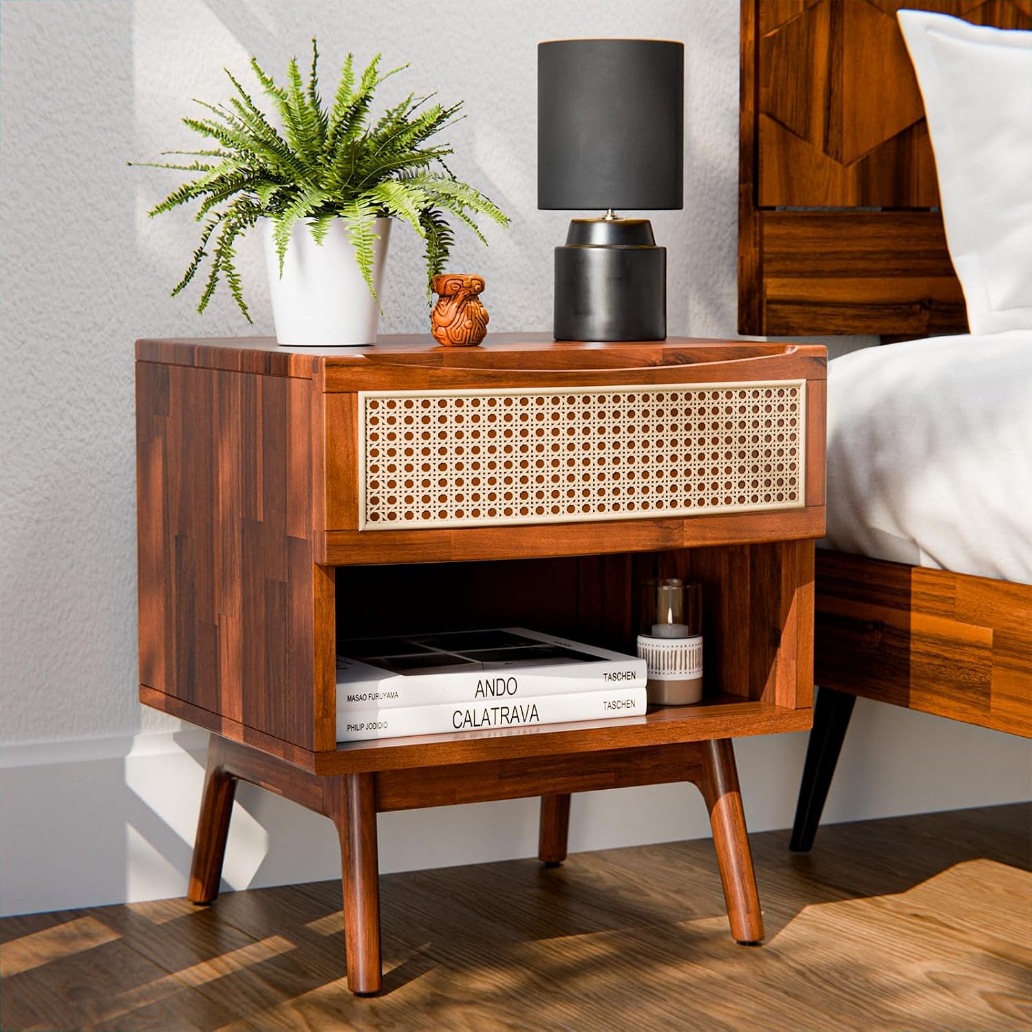 Bme Nancy Side Tables Bedroom, US Patent Pending Design, Acacia Wood Nightstand with Curved Shape and Inlaid Rattan, Nightstand with Drawers, Quick Leg Assembly, Dark Chocolate
