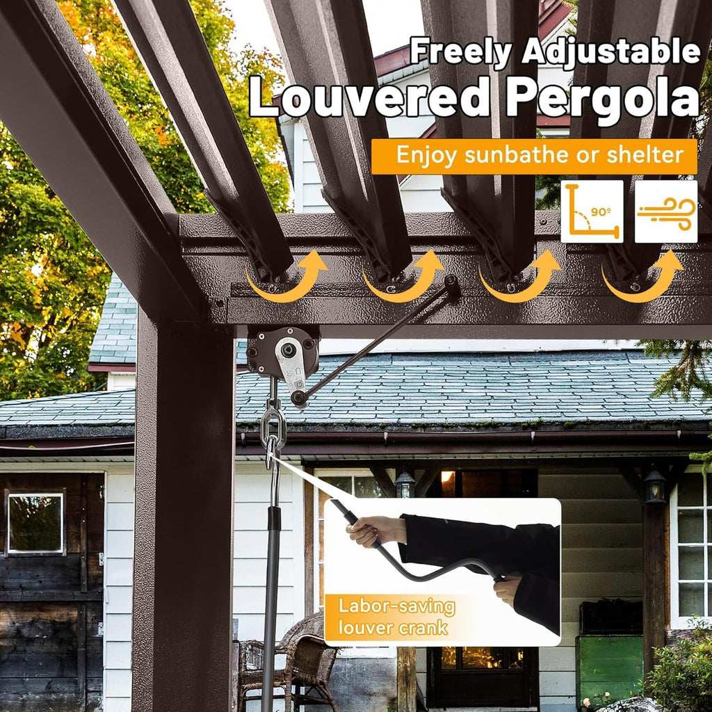 GOWE 8x5 FT Grill Louvered Pergola for Outdoor Grill, Hardtop Grill Pergola with Built-in Gutter & Adjustable Rainproof Roof, Metal Shelter Gazebo for Patio Backyard Deck -Brown