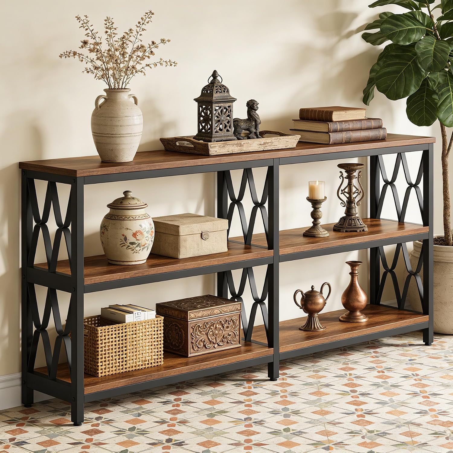 Tribesigns 71' Long Sofa Table with Storage Shelves, Industrial 3-Tier Console Table for Living Room, Entryway Table for Hallway, Front Door, Entrance, Foyer, Rustic Brown & Black