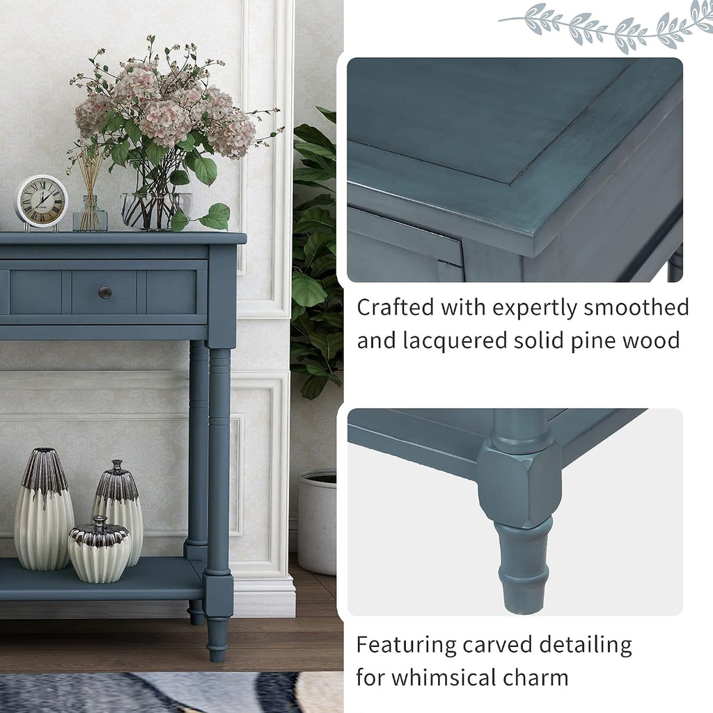 Knocbel 35.5 Inch Antique Entry Console Table with Drawers & Bottom Open Shelf, Solid Wood Sofa Couch Table for Entryway Hallway Living Room (Navy)