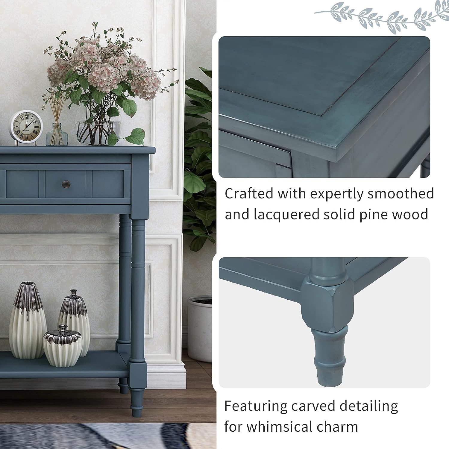 Knocbel 35.5 Inch Antique Entry Console Table with Drawers & Bottom Open Shelf, Solid Wood Sofa Couch Table for Entryway Hallway Living Room (Navy)