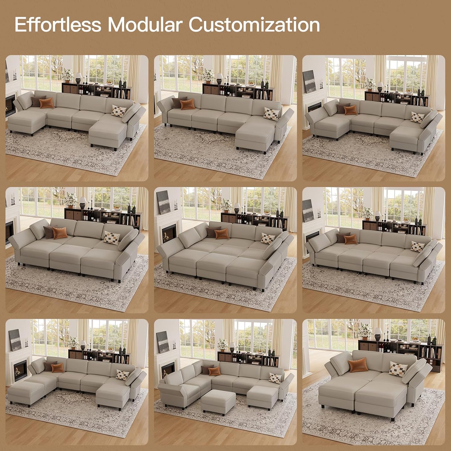 Belffin 88.6' 9 Seat Modular Sectional Sofa,Comfy Couch with Deep Storage Seat,Convertible Modular Sleeper Sofa with Movable Ottoman Chaise,Upholstered Sectional Couches for Living Room,Grey Velvet